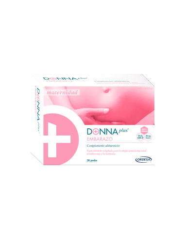 DonnaPlus Embarazo 30 perlas, Complemento alimenticio para el embarazo con  DHA, hierro aminoquelado, yodo, vitaminas y minerales, alto contenido de  ácido fólico y sal de glucosamina. 1 perla al día. : 